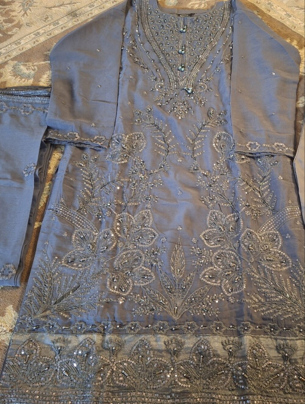 Women’s Grey Embellished Chiffon 3-Piece Stitched Suit - Brand New